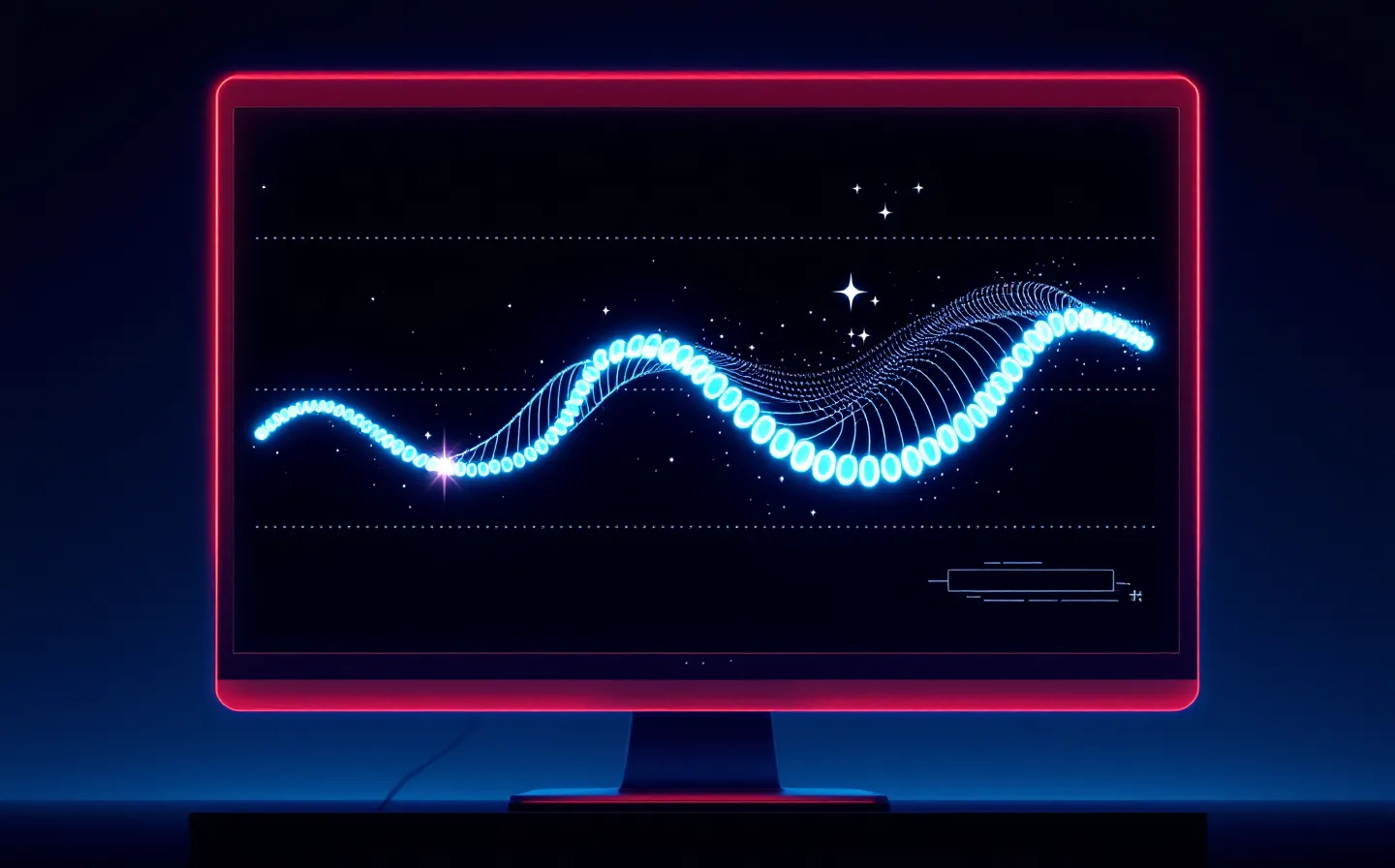 A glowing phosphor-cyan schematic of a long folded peptide chain with a brighter N-terminal node, on a dark CRT-monitor ground with faint scanlines